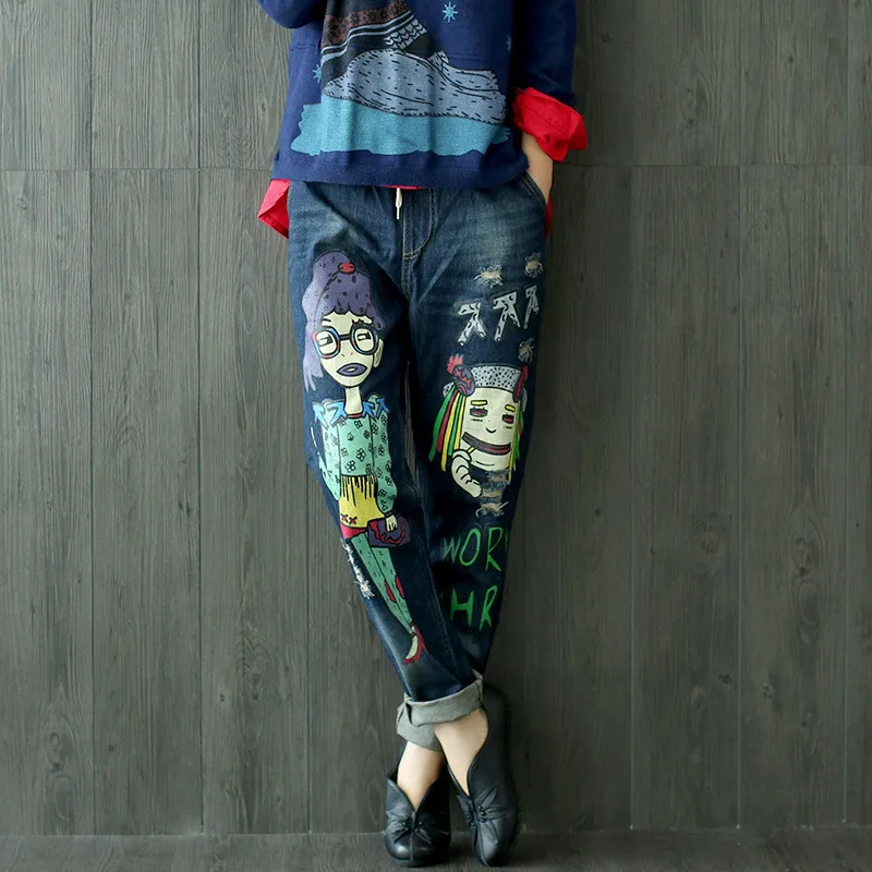 Plus Size Elastic Waist Jeans Printing Cartoon Characters Pattern Funny