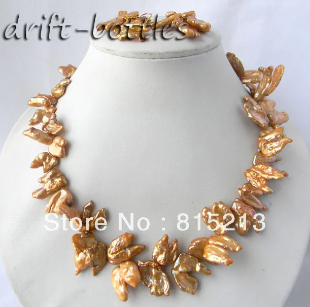 

ddh00783 Amazing 14MMX20MM Golden Baroque Biwa Freshwater Pearl Earring Necklace Set 5.3