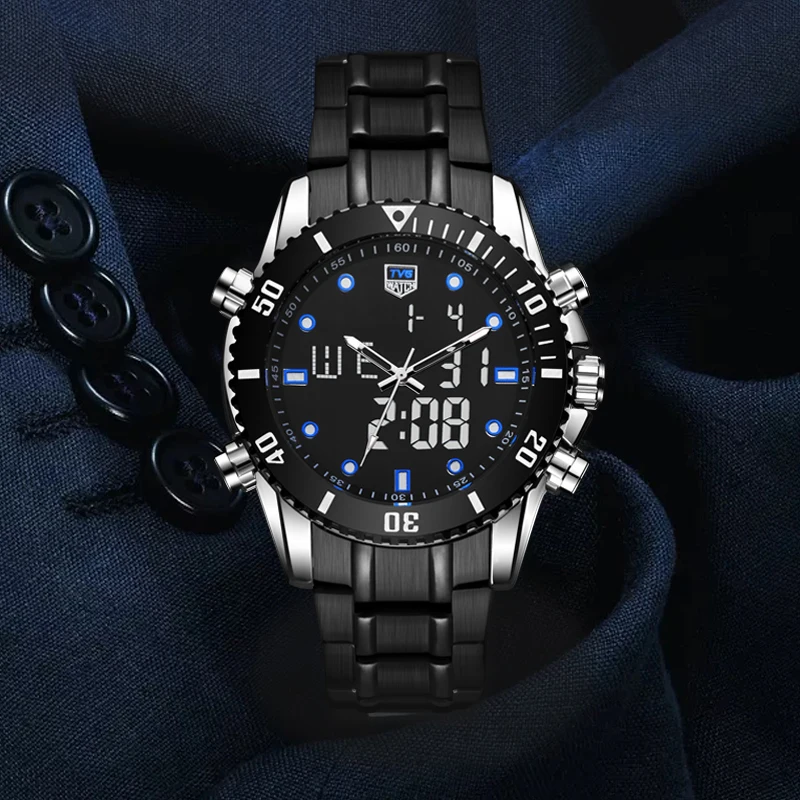 ТВГ 2019 Высокое качество Новые роскошные нержавеющая сталь Секундомер спортивные часы для мужчин светодиодный 100FT водонепроница