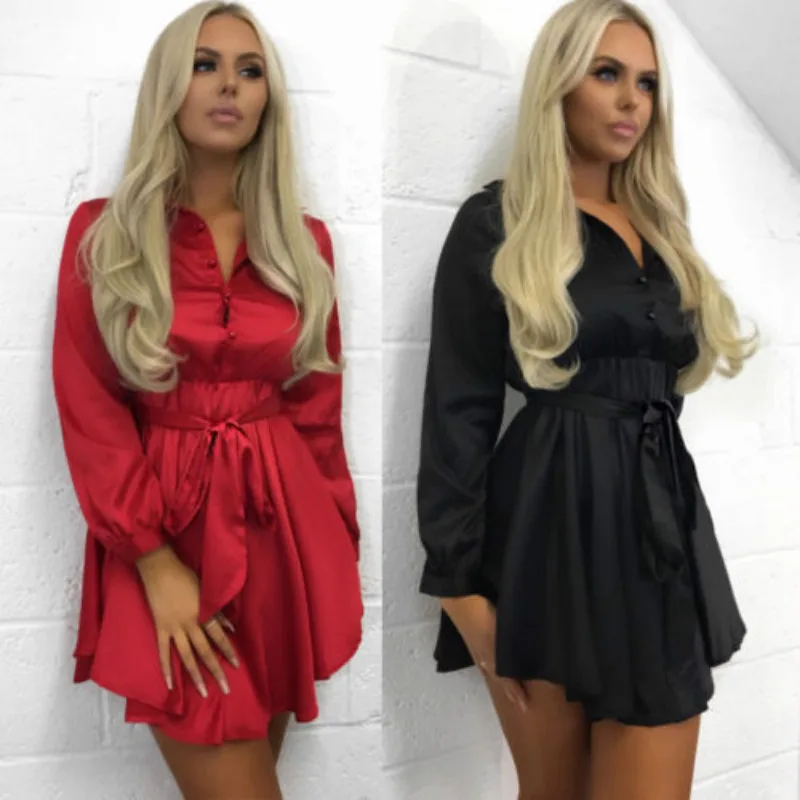 Summer Silk Dress V Neck Long Sleeve 