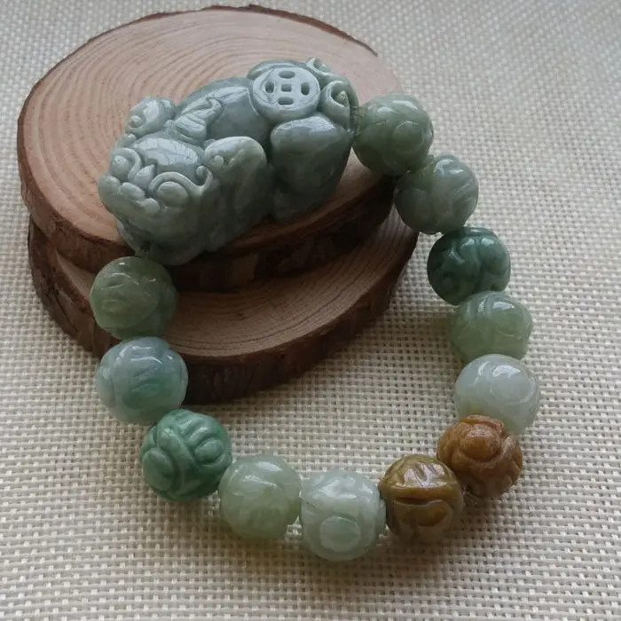 

Hand-carved PiXiu Certified Grade A Natural Green Jadeite Jade Bangle Bracelet 2