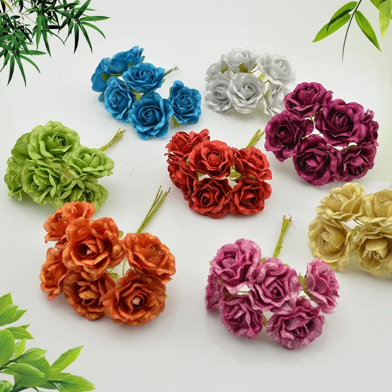 

6pcs silk rose Artificial Flowers garland head wreaths For wedding car decoration bouquet decorative corsage fake flower