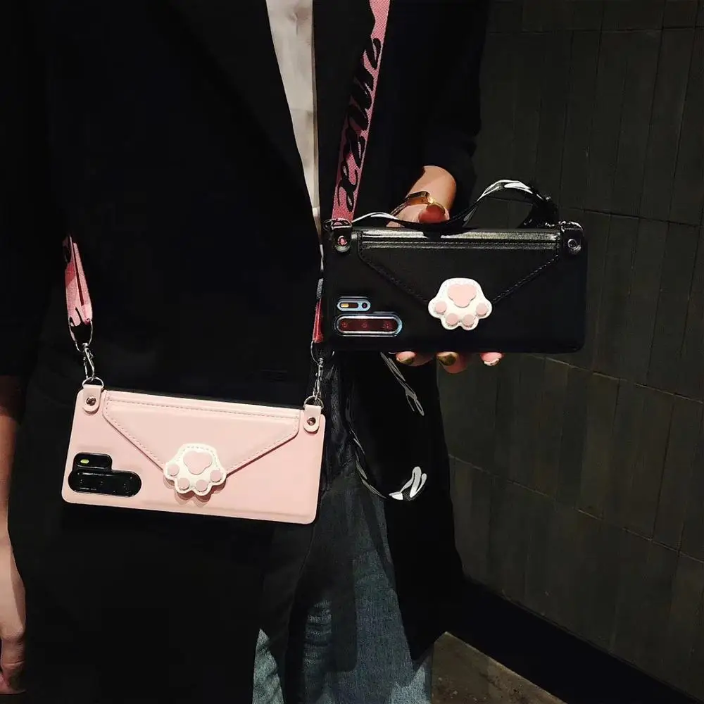 

wallet card shoulder strap case for huawei P30 P20 pro mate 20 pro honor 10 20 nova 3 4 5 case cover luxury cat paw leather phon