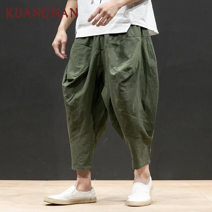 KUANGNAN Japan Style Linen Wide Leg Pants Men Jogger Japanese ...