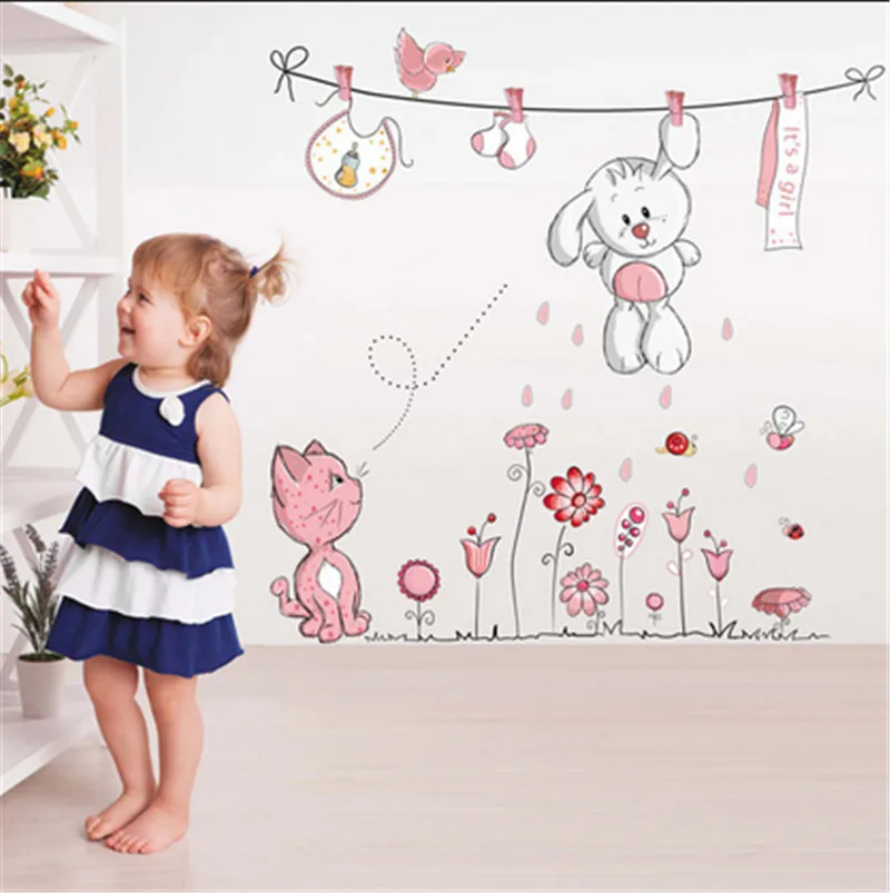 

Cartoon Rabbit Cat Flower Wall Stickers For Girl's Room Love Home Decor Wedding Decoration for kids room Poster Mural