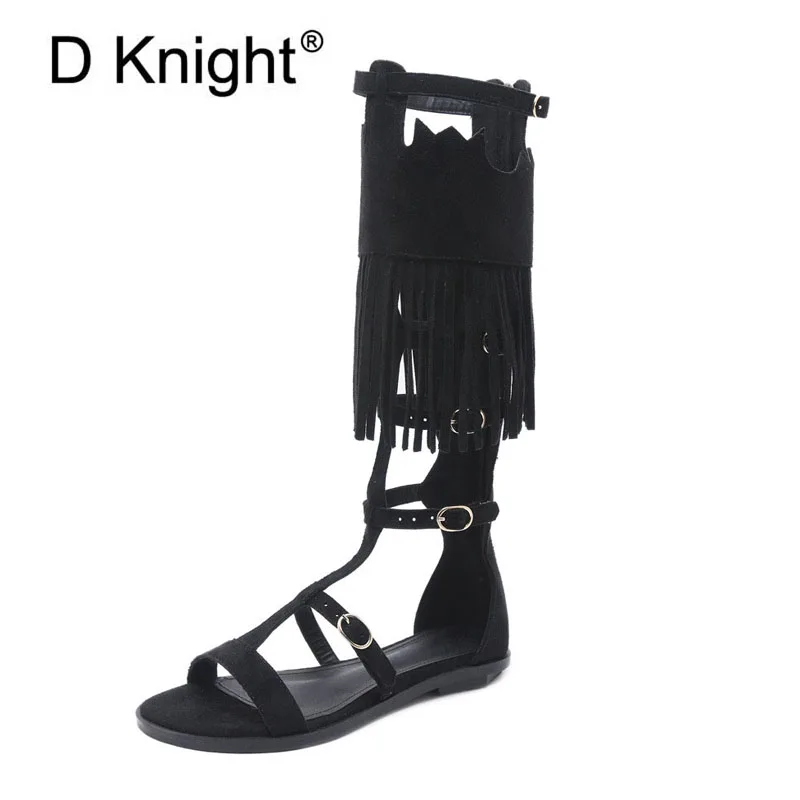 

New Women's Fringe Gladiator Sandals Fashion Ankle Strap High Top Rome Flat Sandals Size 35-40 Ladies Tassel Summer Sandals