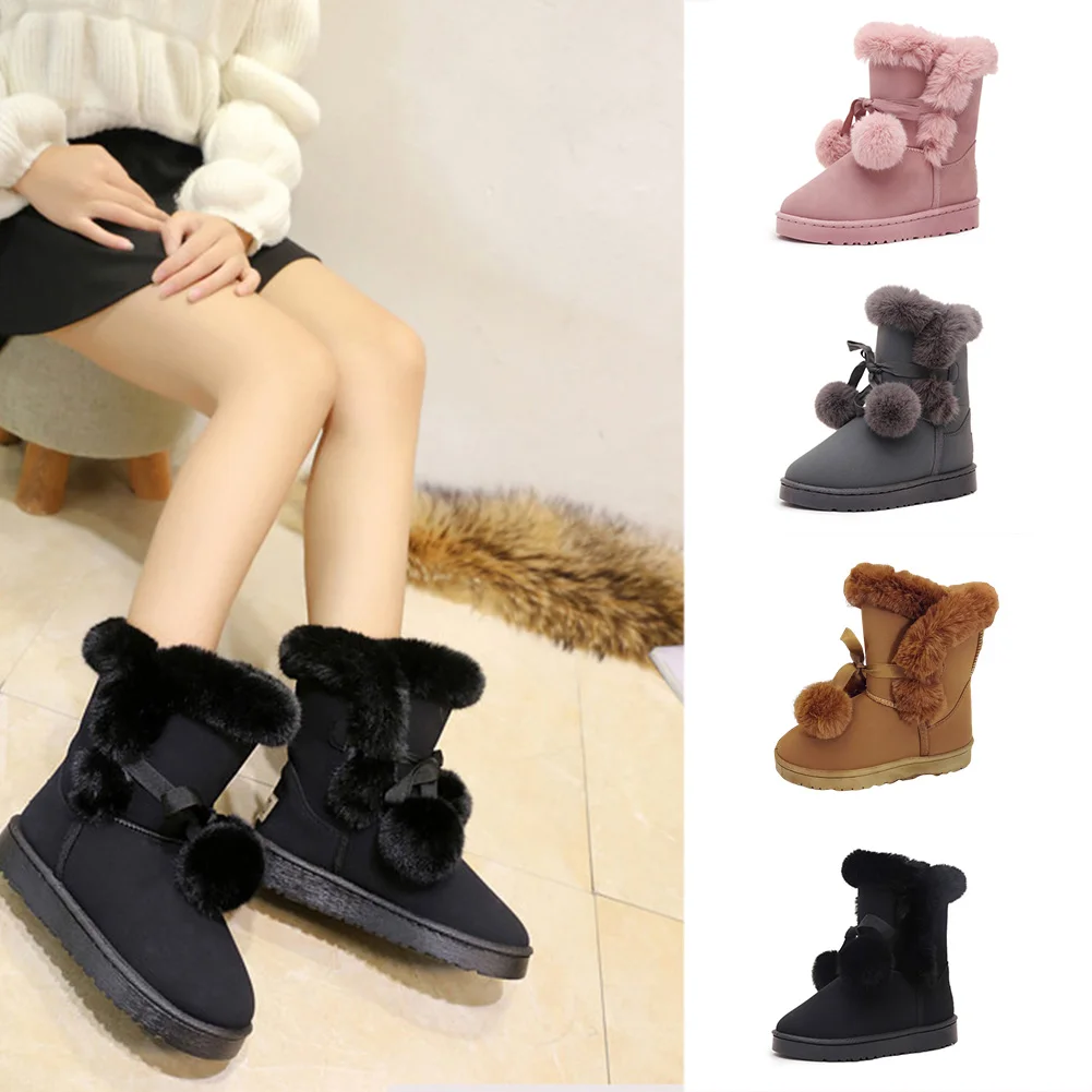 

Female Flats Hair Ball Fluffy Ankle Boots For Women Furry Warm Plush Winter Snow Boots 2018 Woman Fashion Platform Shoes