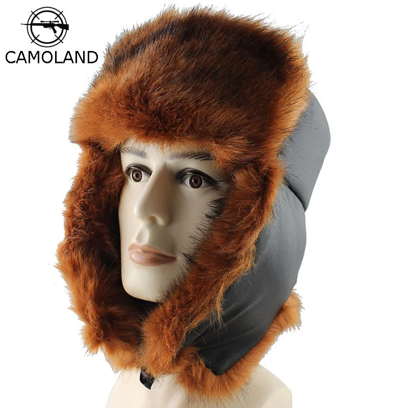 

CAMOLAND 2018 Mens Winter Fur Trapper Trooper Hat Bomber Hat with Ear Flaps Warm Russian Ushanka Skiing Hunting Hats for Men