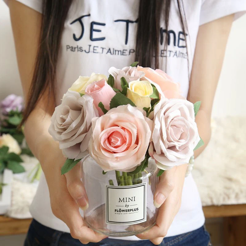 

8 Heads Rose Artificial Flowers bridal Bouquet for Wedding Decoration Silk Rose Fake Flowers for Home Decor