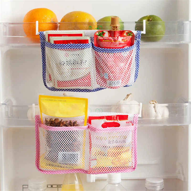 

1pc Mesh Refrigerator Storage Bag Candy Food Hanging Organizers Kitchen Fridge Storage Organizers Blue/Pink 13*22cm