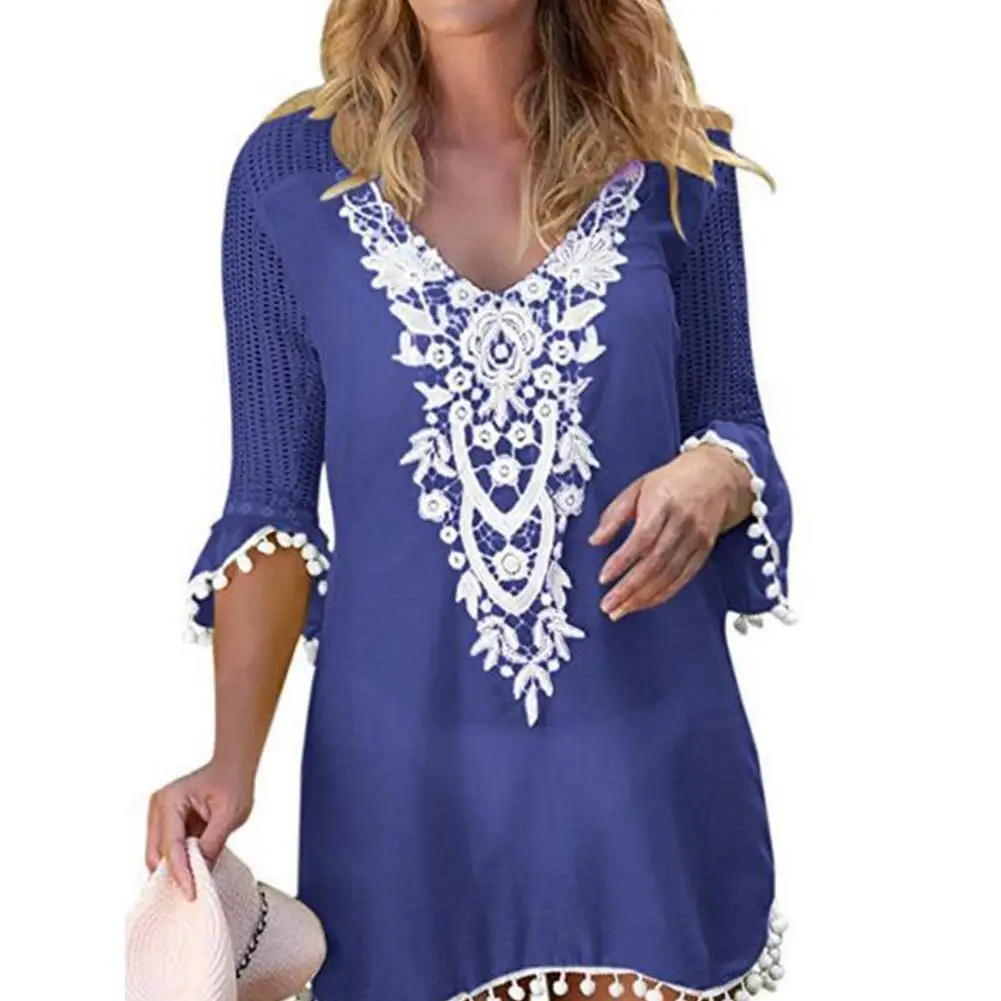 

Women Mini Dress Summer Sexy V Collar Lacework Matching Hollow-out Casual Dress Femme Middle Sleeve Dresses Overall