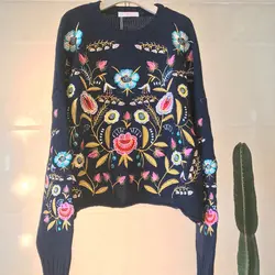 Цветочной вышивкой вязаный свитер пуловер 2017 Осень Зима цветок с длинным рукавом утолщаются теплый богемный шик хлопок для женщин блузка