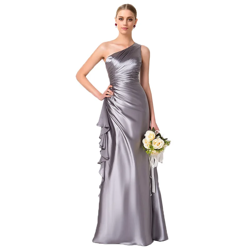 

Vestido dama de honor boda new satin one shoulder fold ruffled silver sexy mermaid sukienki weselne long brides maid dresses