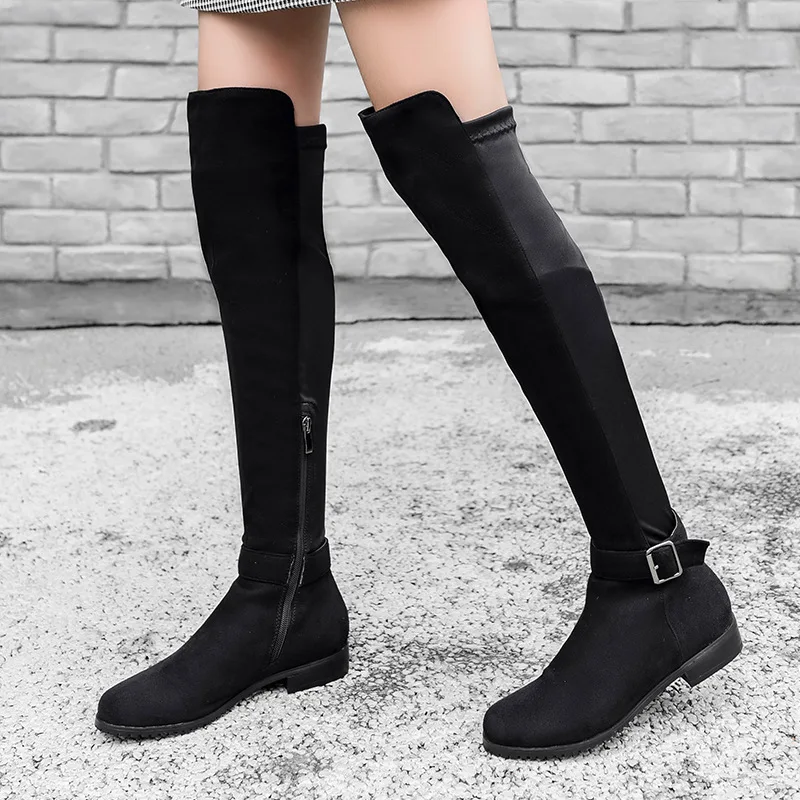 

Thigh High Boots Low Heel Woman Stretch Fabric Over The Knee Boots Ladies Buckle Strap Riding Boots Designer Shoes Botines Mujer