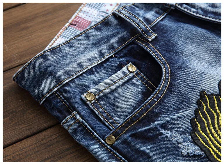 Специальная цена Мужская мода дракон вышивка модные джинсы тонкие прямые с разрезами синие джинсовые брюки