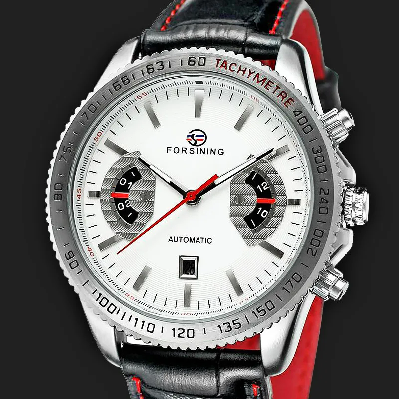 

FORSINING Date Week Display Silver Racing Bezel Black Genuine Leather Luminous Hands Men's Luxury Mechanical Sport Wristwatches