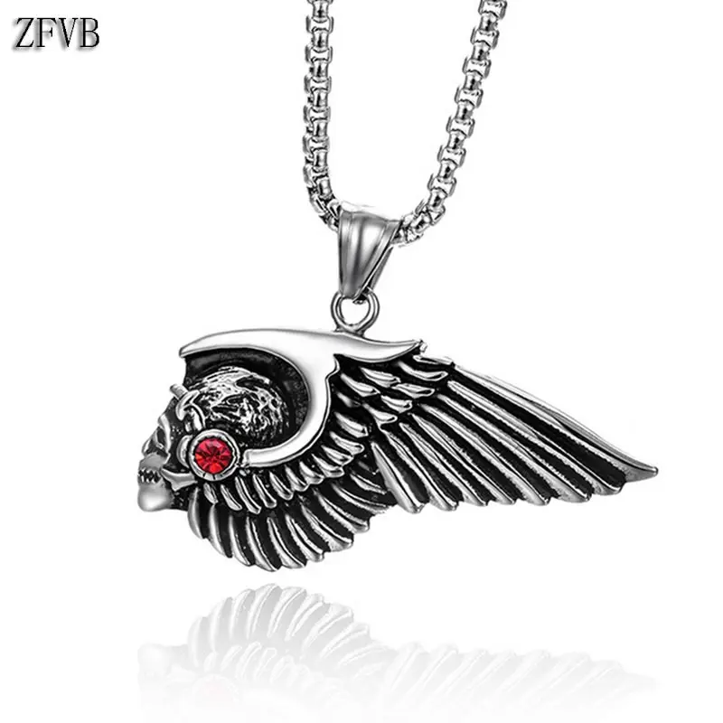 

ZFVB Vintage Skull Feather Necklaces Pendants Men Stainless Steel Punk Silver color Skeleton Wing Pendant Necklace Jewelry Gift