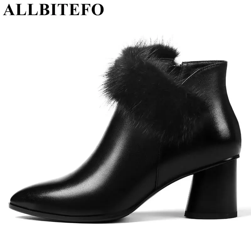 

ALLBITEFO natural genuine leather +real Rabbit's hair women ladies boots shoes for girls winter ankle boots motorcycle boots