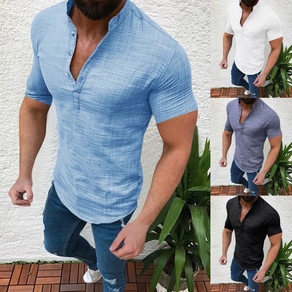 Jaycosin Summer New Men's Casual Blouse Cotton Linen Shirt Loose Tops Short Sleeve Tee 2019 May17p35 | Мужская одежда