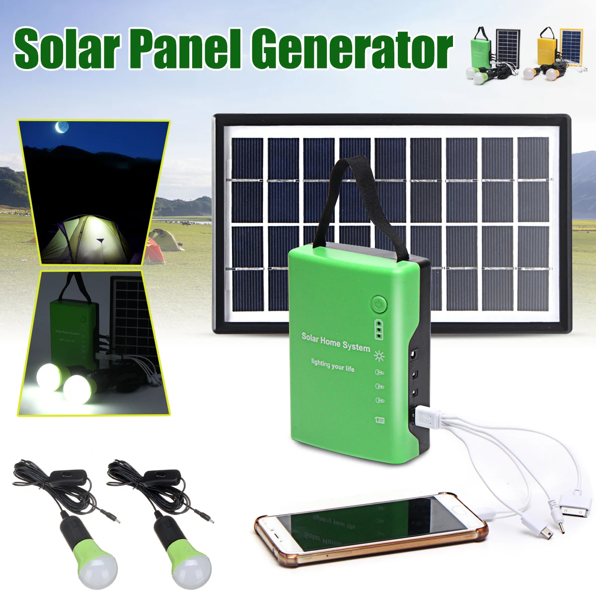 

Portable Home Outdoor Solar Panel Power Generator USB Cable Charge Emergency LED Light System 4.5Ah / 6V batteries Energy LED