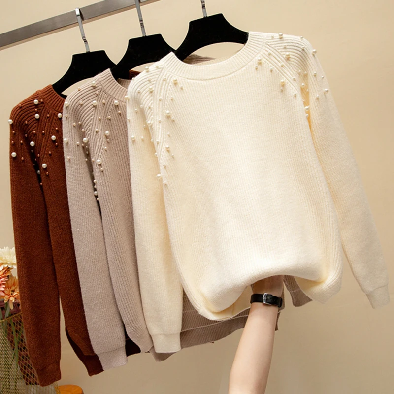 Женские однотонные пуловеры с жемчугом, свитера для женщин, свободный круглый вырез, полный рукав, повседневный теплый пуловер, вязаный свитер, зимний топ