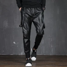 M~ 3XL для мужчин черный Корейская версия Фитнес модная одежда Красивый эластичный мотоцикл Малый кожаные штаны