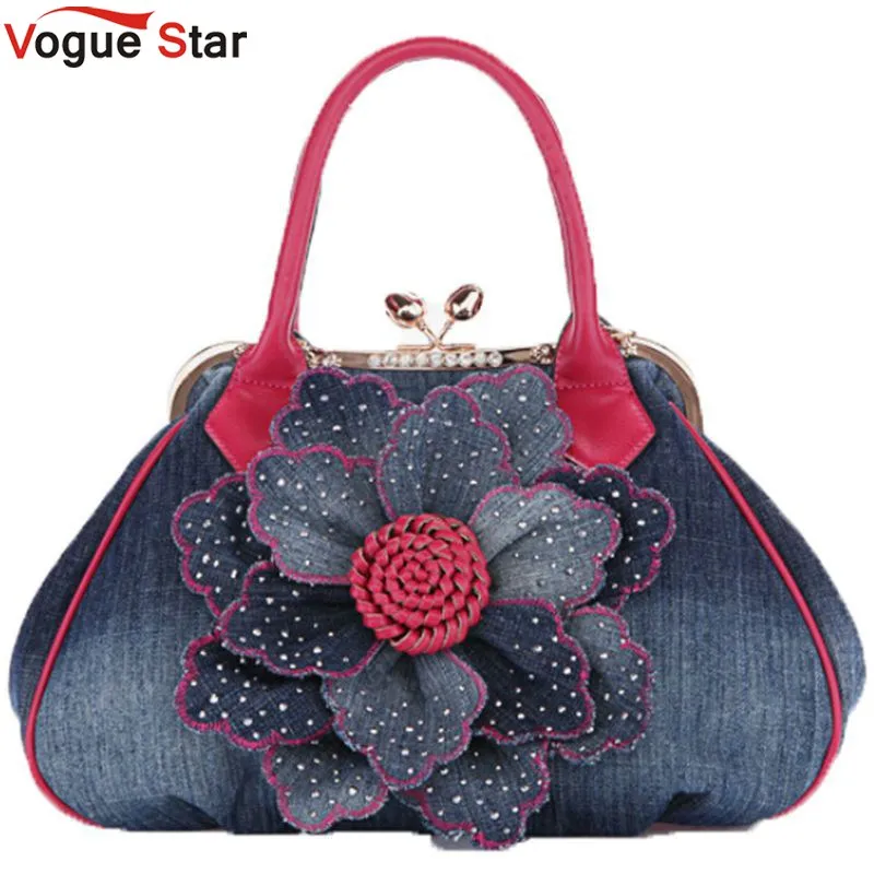 Vogue Star 2017 Top Quality Brand New Women Bag Fashion Denim Handbags Flower Shoulder Bags Design Womens Tote Bags LS376