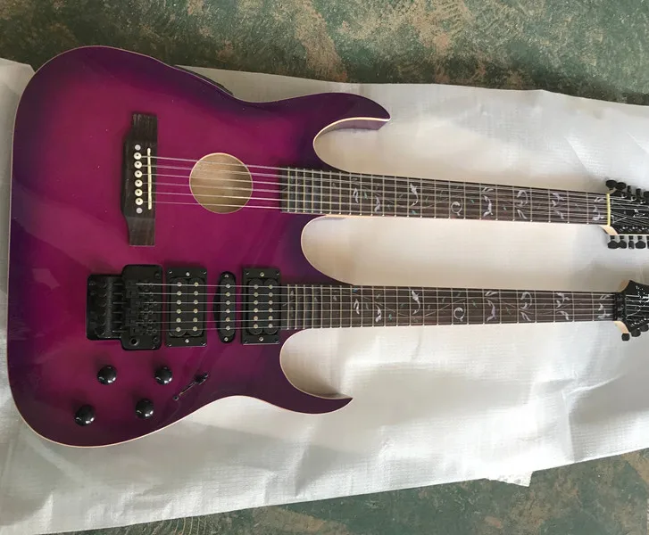 

New arrival! Factory Custom 12+6 Strings Purple body Double Neck Electric Guitar with Black hardwares,24 Frets,offer customized