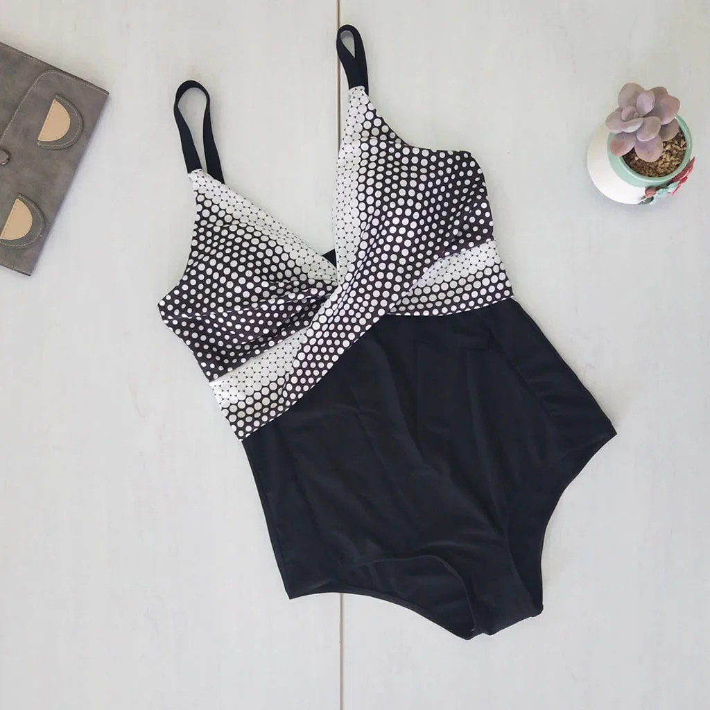 

2019 New Arrival Comfortable Women Plus Size Wave Point Printing Gauze Splicing Bikini One Piece Swimsuit June