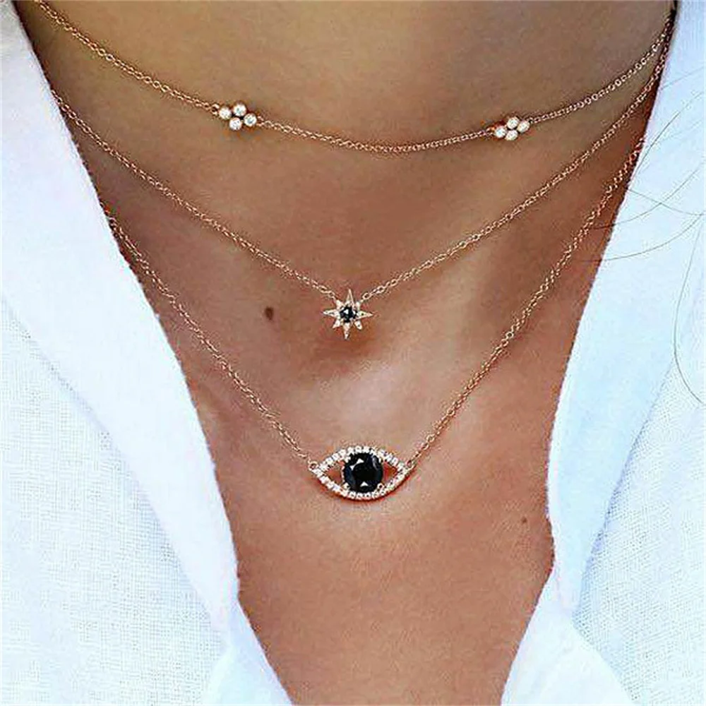 

Women Necklace Bohemian Stars Eyes Geometric Multicolor Crystal Pendant Multilayer Gold Necklace Female Temperament Jewelry