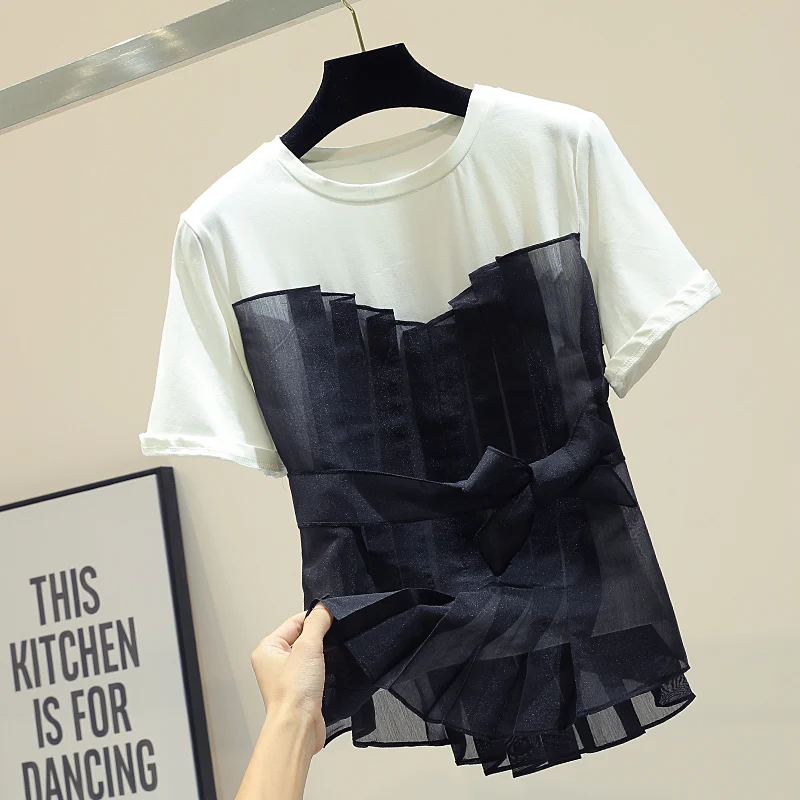 

MUMUZI Mesh patchwork short-sleeved T-shirt female 2019 summer new irregular fashion tee female t-shirt and tops