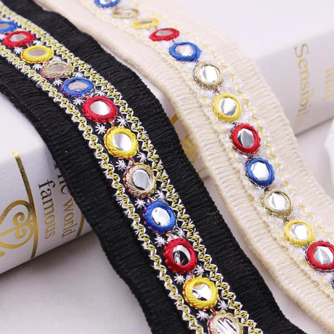 

20yards Indian Mirro Trim Boho lace Multicolour Gypsy beige Lace Sawing Accessory for fashion cloth Bags home deco Black