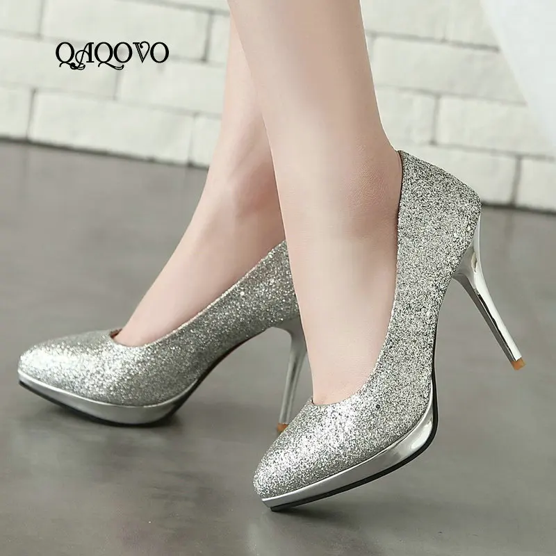 

2019 Sexy Sequined Platform Women Shoes Super High Heels Pumps Pointed Toe Slip On Non-slip Party Dress Female Shoes Gold Silver