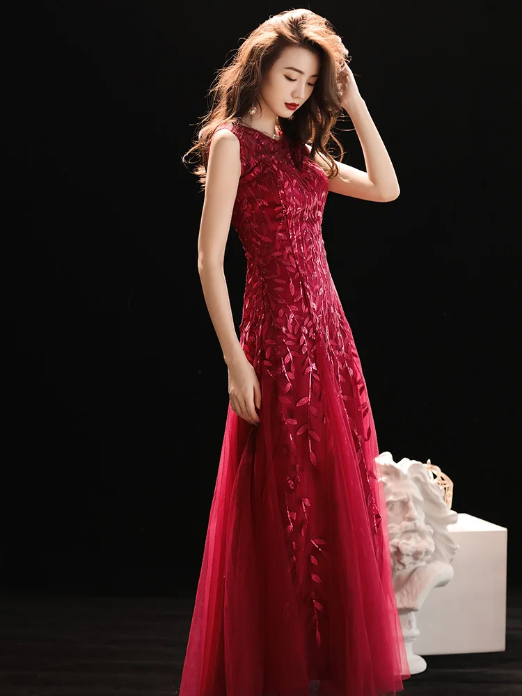 

Burgundy Lace Mesh Sexy Slim Dress Evening Dress Chinese Wedding Toast Dress Improved Qipao Vestidos Size S-XXL