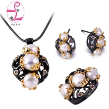 ZHE FAN Freshwater Pearls Jewelry Set 2 Tone Black Gold Color Vintage Simulated Pearl Necklace Earrings Ring Sets For Women