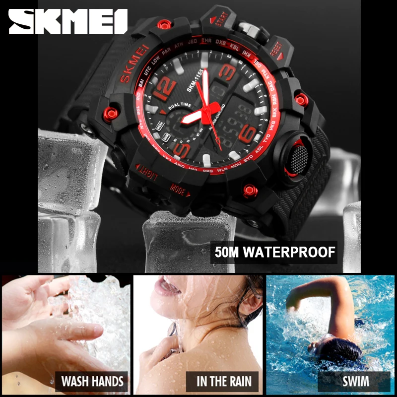 SKMEI Brand Men Sports Watches Outdoor Military 50M Waterproof Analog Digital LED Electronic Wristwatches Relogio Masculino 1155