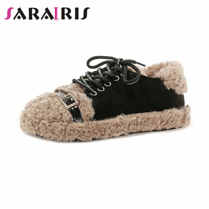 

SARAIRIS New Fashion Flat Lace Up Belt Buckle Crystal Shoes Woman Casual women's Autumn Winter Ankle Flats Big Size 35-40