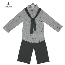 Хорошее качество, розничная, 2 шт./компл., фирменный дизайн, детская одежда для девочек на весну и осень, черная рубашка в полоску, Детская блуза+ черный Мягкий хлопок ткань брюки