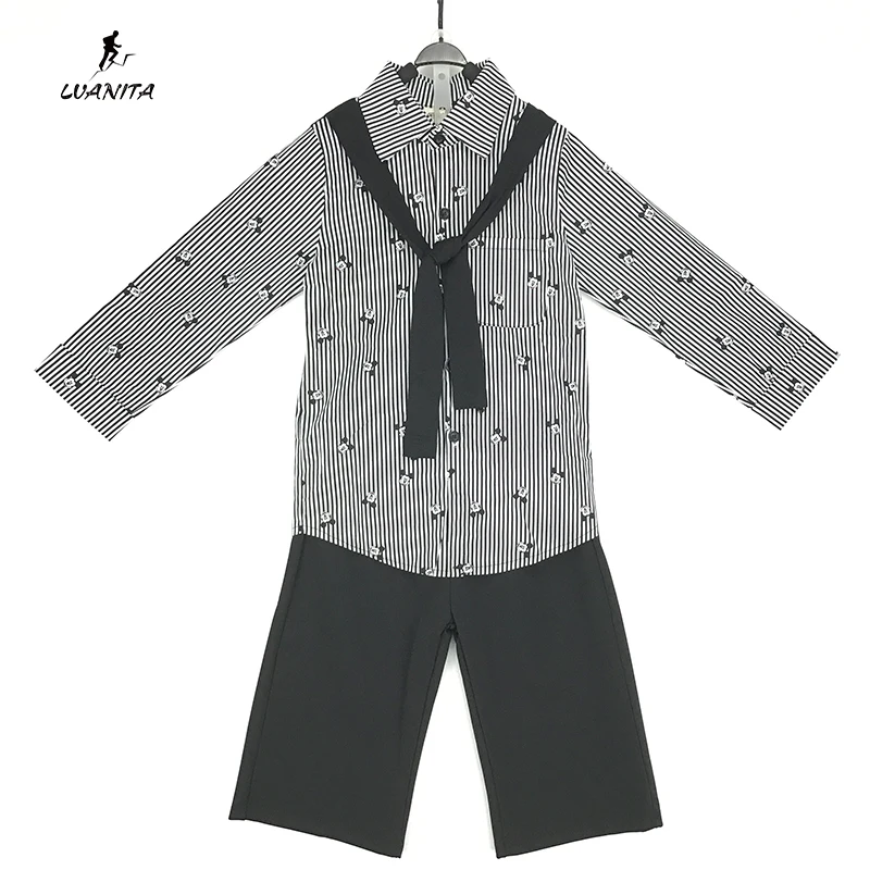 

Good Quality Retail 2pcs/Set Brand Design Baby Kids Girls Spring&Autumn Black Stripe Shirt&Blouse+ Black Soft Cotton Fabric Pant