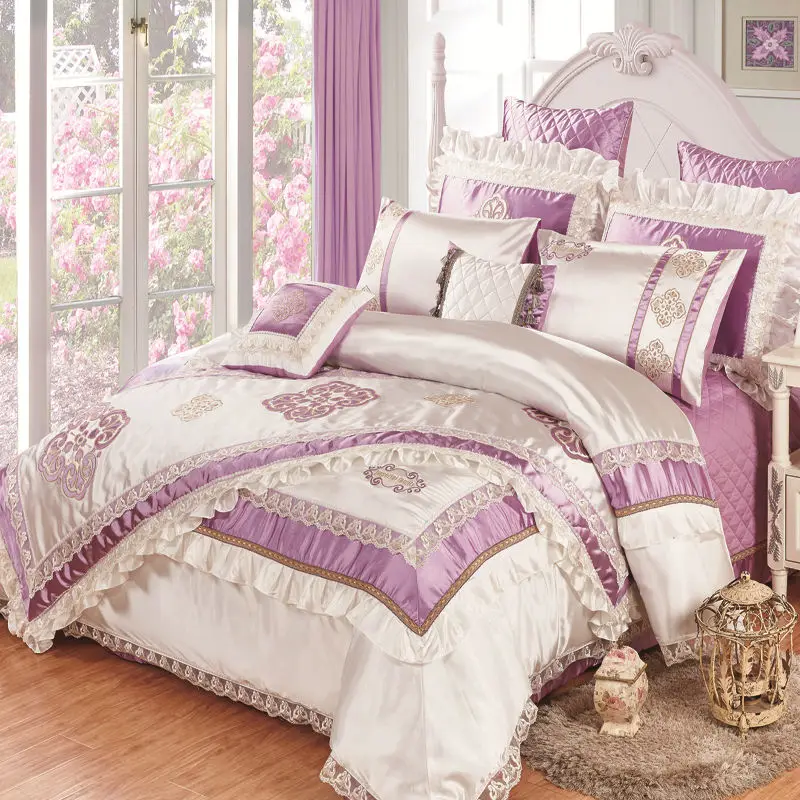 High quality silk slippery 11pcs bedding bedspread linens embroidered