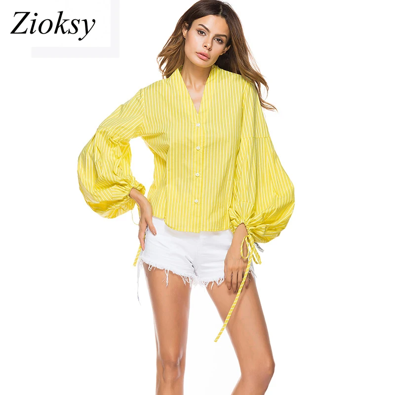 

Zioksy 2017 Fashion Autumn Yellow Striped Cotton Button Shirt Top Women Blouses Ladies V-Neck Tie Lantern Sleeve Casual Blouse