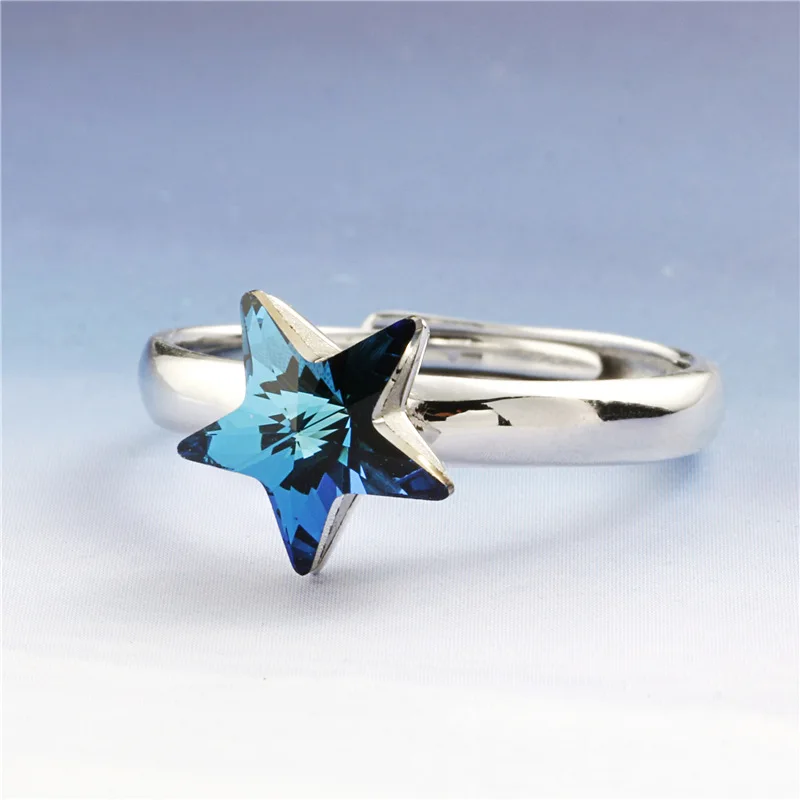 blue crystal star ring 100% Sterling 925 silver Jewelry Vintage Adjustable rings for women girl gift free size