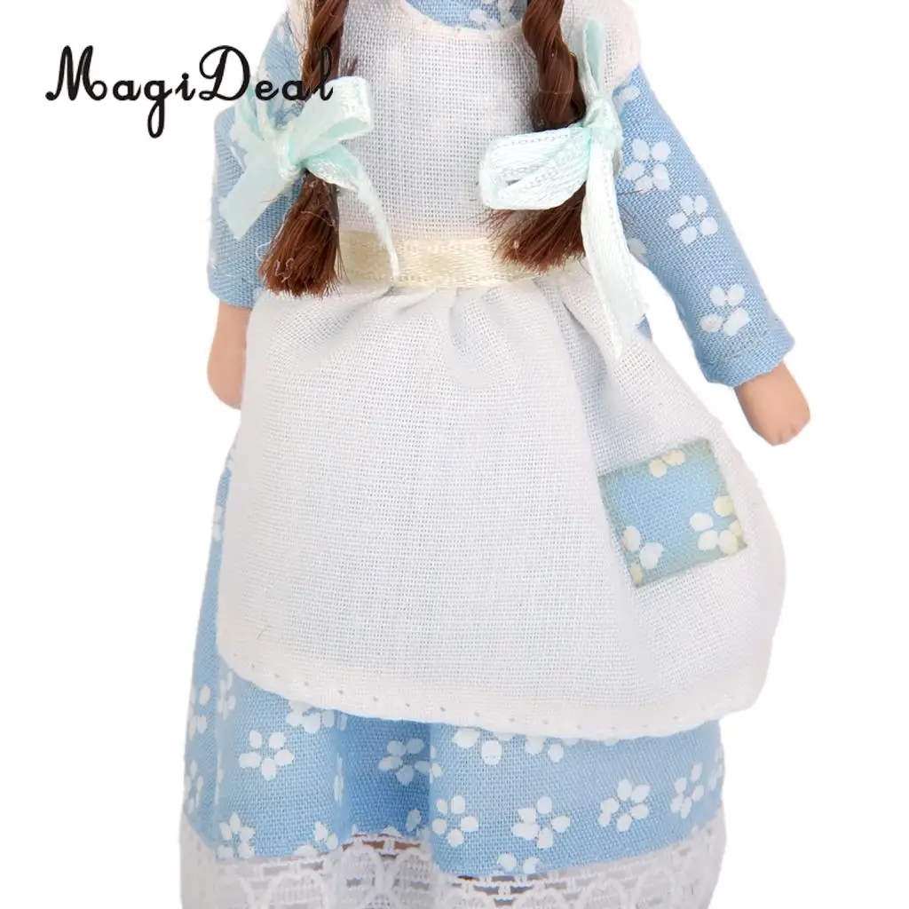 MagiDeal 1Pc 1/12 Dollhouse Miniature Porcelain Dolls Braided Hair Little Servent Girl w Stand for Bedroom Decor Kids Toy 2Kinds