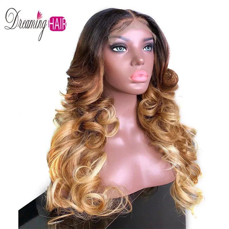 Ombre Highlights Color 13x6 Deep Part Lace Front Human Hair Wigs Brazilian Body Loose Wave Wigs With Baby Hair For Black Woman