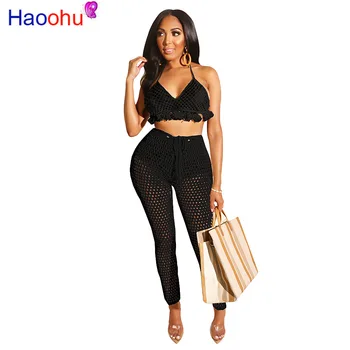 

Neon Yellow Fishnet Hollow Two Piece Set Halter Backless Tassels Crop Top+Pencil Pants Summer See Through Beach Outfit Tracksuit