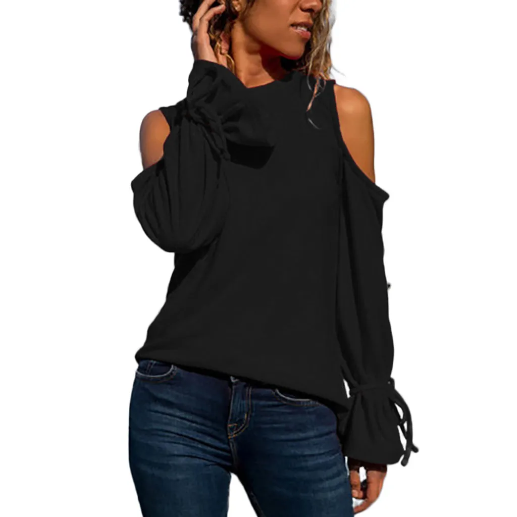 CHAMSGEND Pullover Lace Up Off Shoulder Bandage T-Shirt Round Neck Loose Long Sleeve Solid Color Women Casual Shirts 13.DEC.27