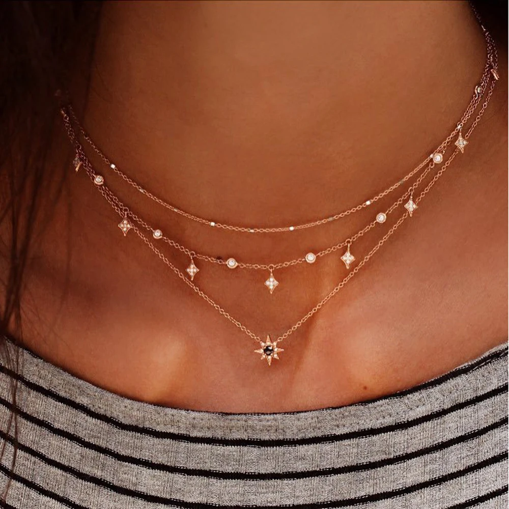 

Tisonliz Bohomian Multilayer Necklace 2019 Newest Fashion Choker Necklace Crystal Star Pendant Chain Golden Colour Women Jewelry