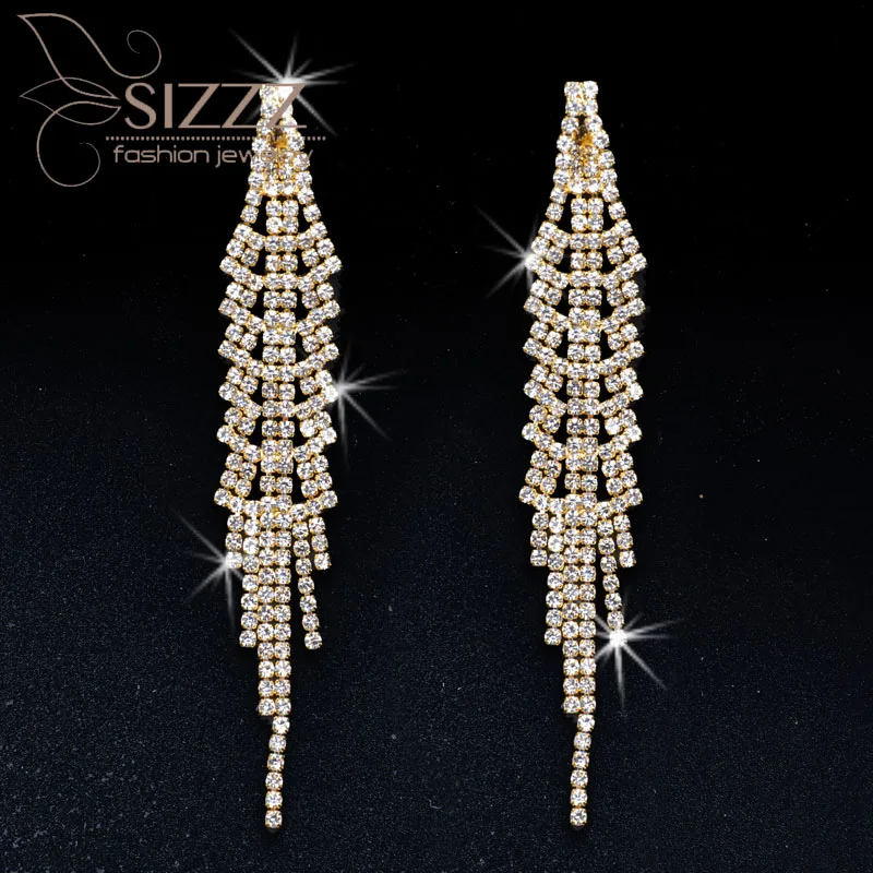 

SIZZZ 2019 New African exaggerated lady tassel bride full crystal gold/silver drop earrings For Women