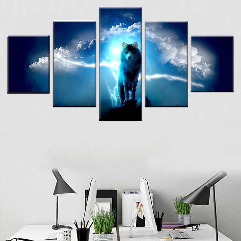 

HD Print Nordic Poster 5 Panel Abstract Cloud Landscape Animal Wolf Canvas Wall Art Poster Restaurant Living Room Decoration