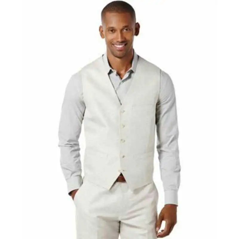 

Ivory Linen Men Suits for Beach Wedding Groom Tuxedos 2Piece (Vest+Pants )Waist Coat Trousers Slim Terno Masculino Costume Homme